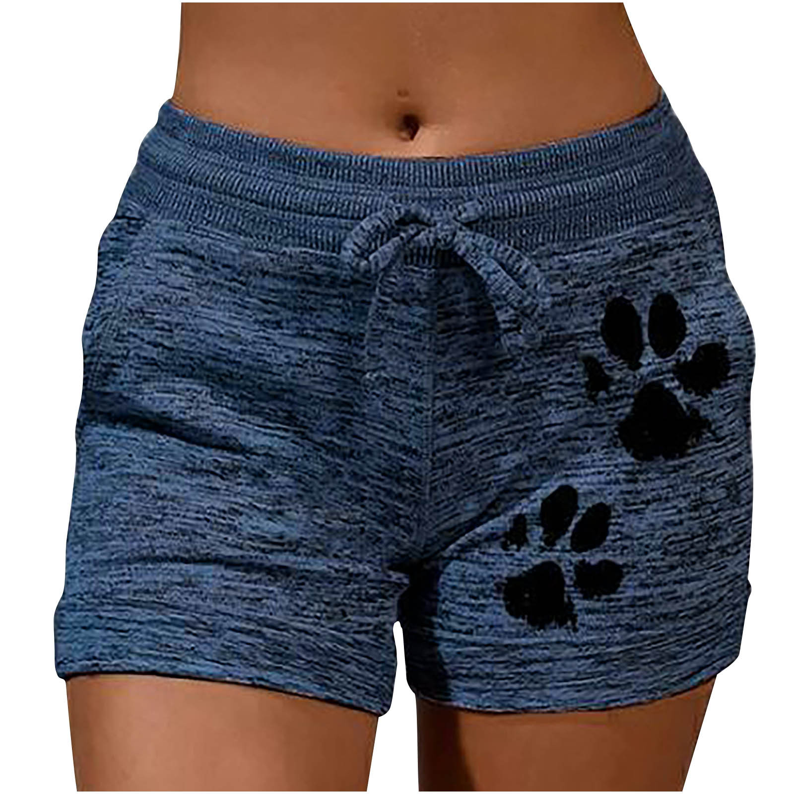 Athletic Shorts for Women Casual Drawstring Elastic Waist Cute Paw Print Summer Comfy Pocketed Short Sleepwear (Small, Blue)